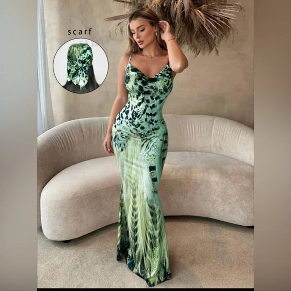 green emerald velvet dress Sarta Women's Green Leopard Print Faux Wrap Maxi Dress